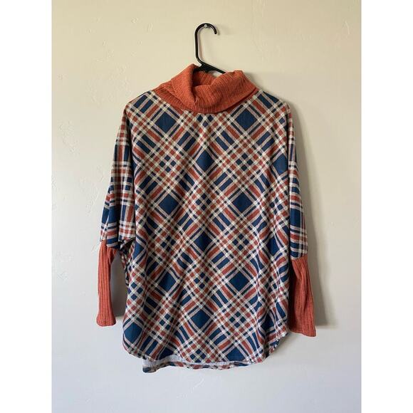 Women's Burnt Orange and Blue Plaid Sweater Turtleneck Top - Picture 1 of 4